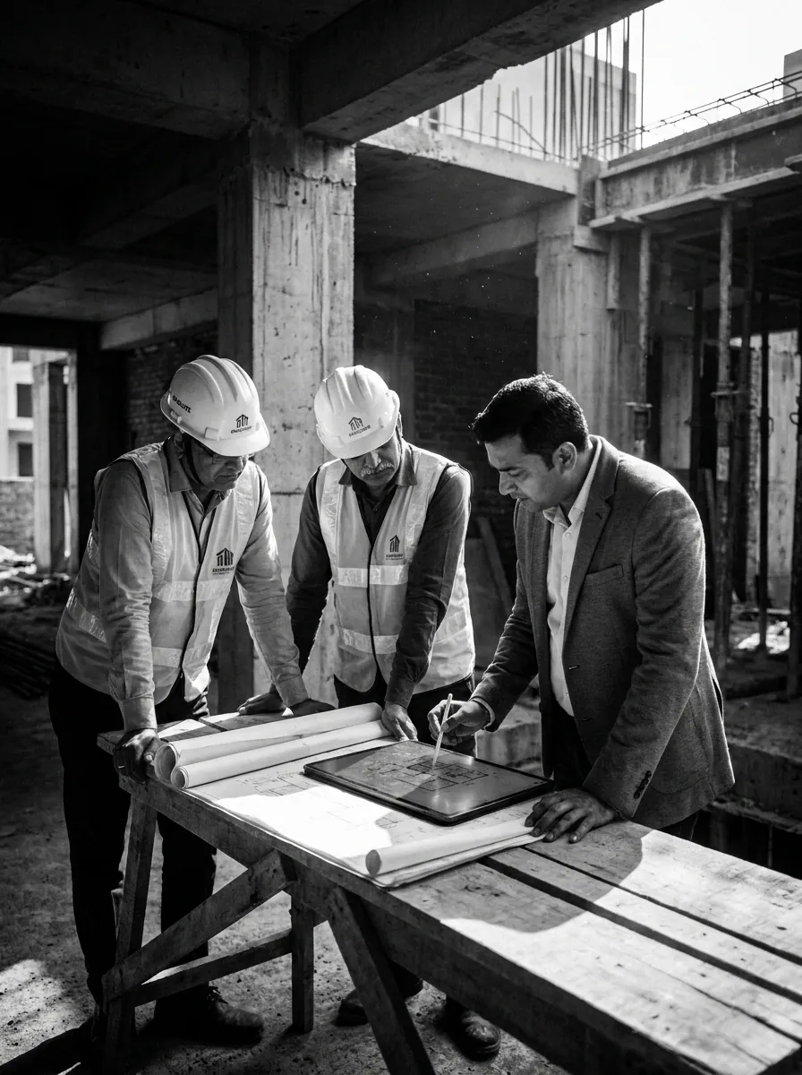 Technical PMC project management engineers and client reviewing construction blueprints on site